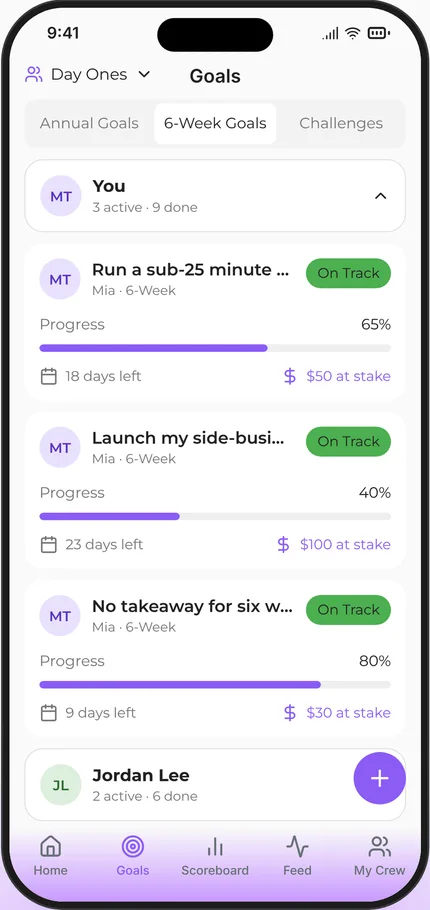 App preview showing six-week goals, deadlines, progress bars and optional amounts at stake.