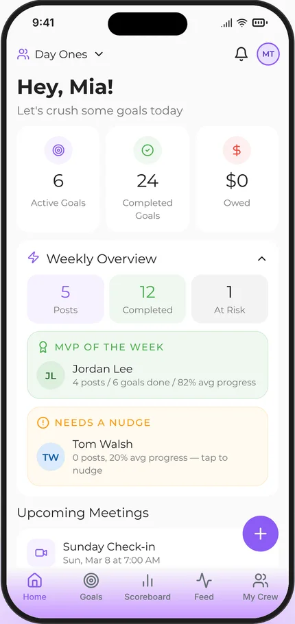Lockd In app preview: a crew dashboard with shared goals, weekly progress and check-ins.